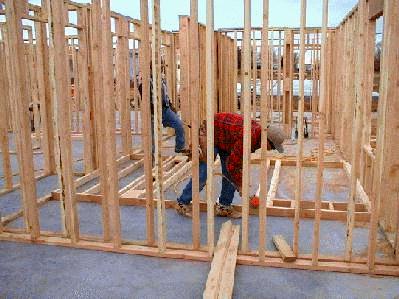 A maze of framing surrounds workers. 1/12/99